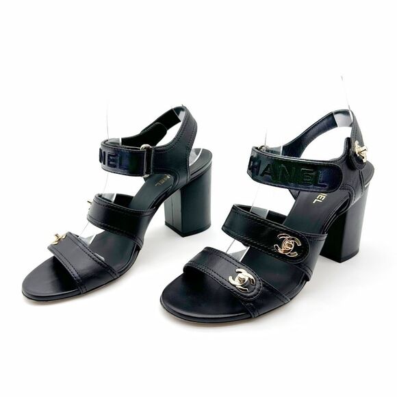 CHANEL 2021 Turnlock Black Slingback Heels Size 39 Interlocking CC Logo Sandals - Picture 14 of 14